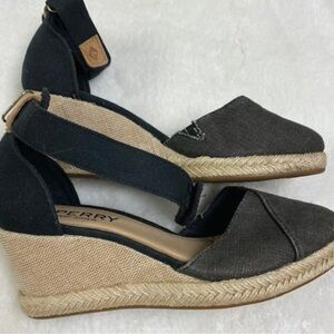 Sperry Black Canvas Espadrille Wedges